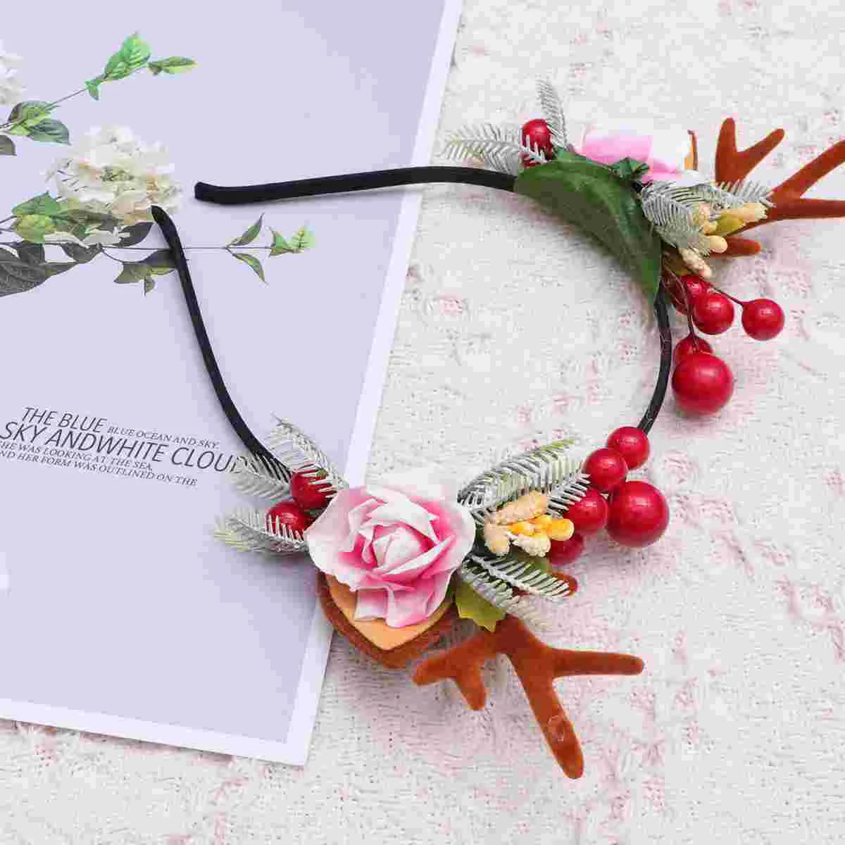 

Floral Headdress Headband Deer Antlers Hair Hoop Accessories Flower Headwear Christmas