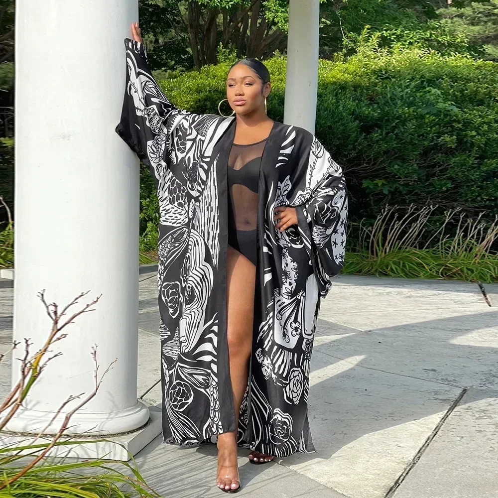 Boho Printed Loose Casual Long Kimono Maxi Dresses Batwing Sleeve Trench Coat Tunic Autumn 2023 Women Beachwear