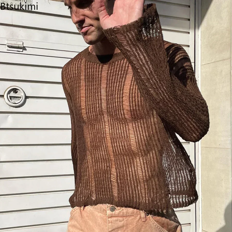 

New 2025 Spring Autumn Men's Sexy Hollow Mesh Knit T-shirts Streetwear Pullovers Solid Long Sleeve Crew Neck Tees Mens Clothing