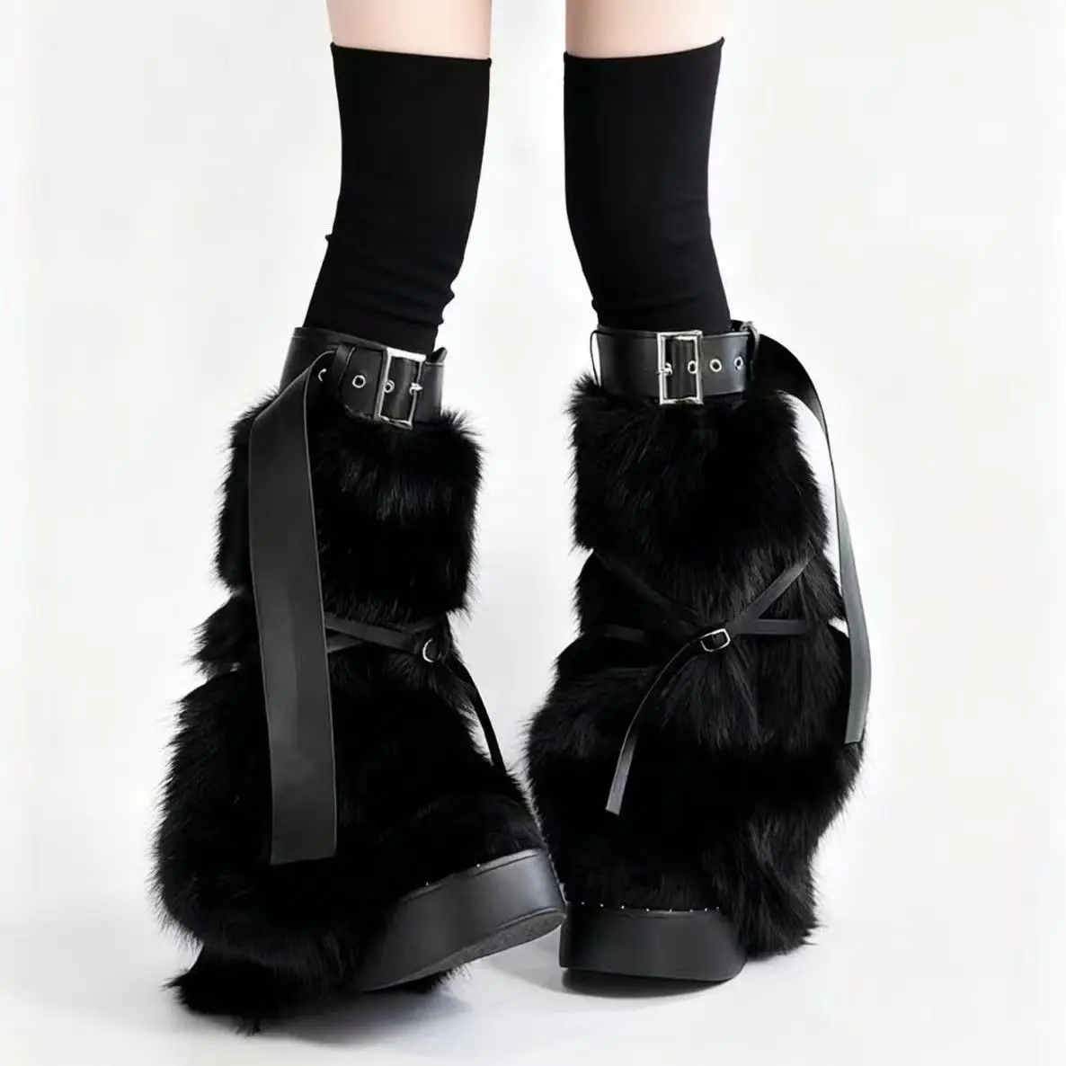 Women Y2K Punk Black Faux Fur Leg Warmers Metal Buckle Strap Winter Fluffy Boot Covers Streetwear Boot Cuffs Accessories