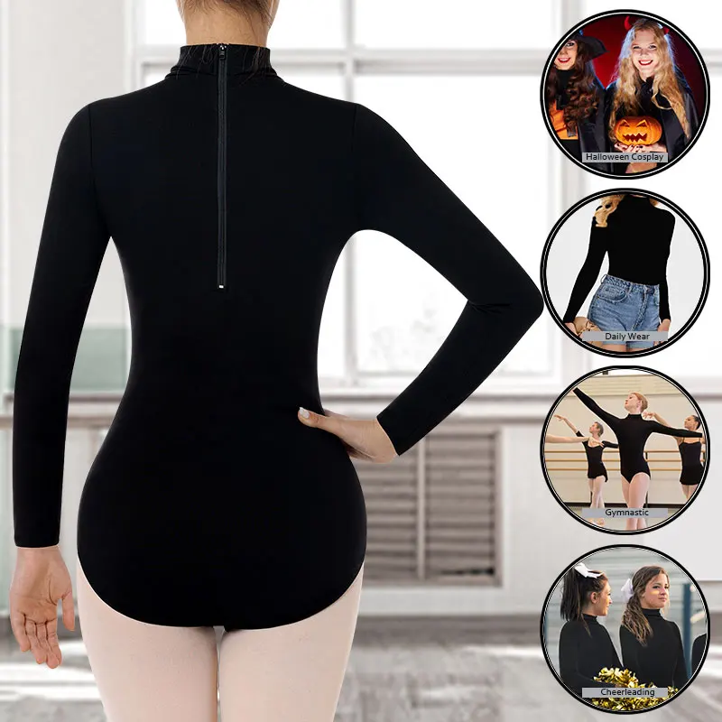 Women Ballet Dance Leotard Long Sleeve for Adult Girl Basic Dance Gymnastic Halloween Cosplay Daily Wear Cheerleading Turtleneck