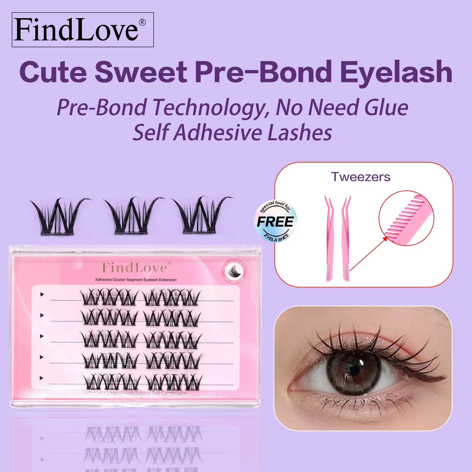 [No Glue Need] FindLove Glue Free False Eyelash Reusable Single Cluster Natural Eyelash Extension Set With Adhesive For Beginner