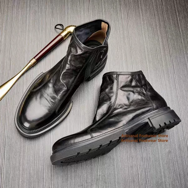 

High Top Thick Soled Zipper Men's Boots Black Leather Trendy Chelsea Boots Men's Autumn and Winter Soft Leather Men's Shoes