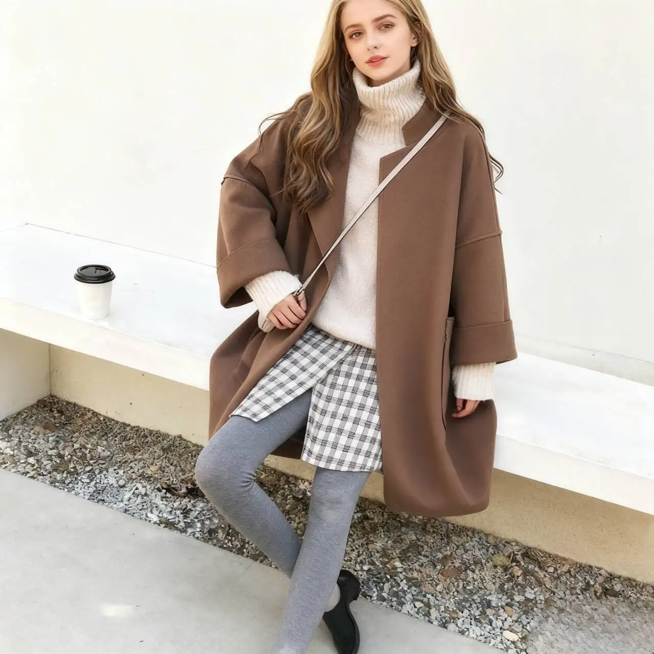 

Wool Blend Coats Womens Woolen Coat Green Winter Polyester Checkered Ribbed Balloon Sleeve Button-Down Lined Waist-Closed Casual