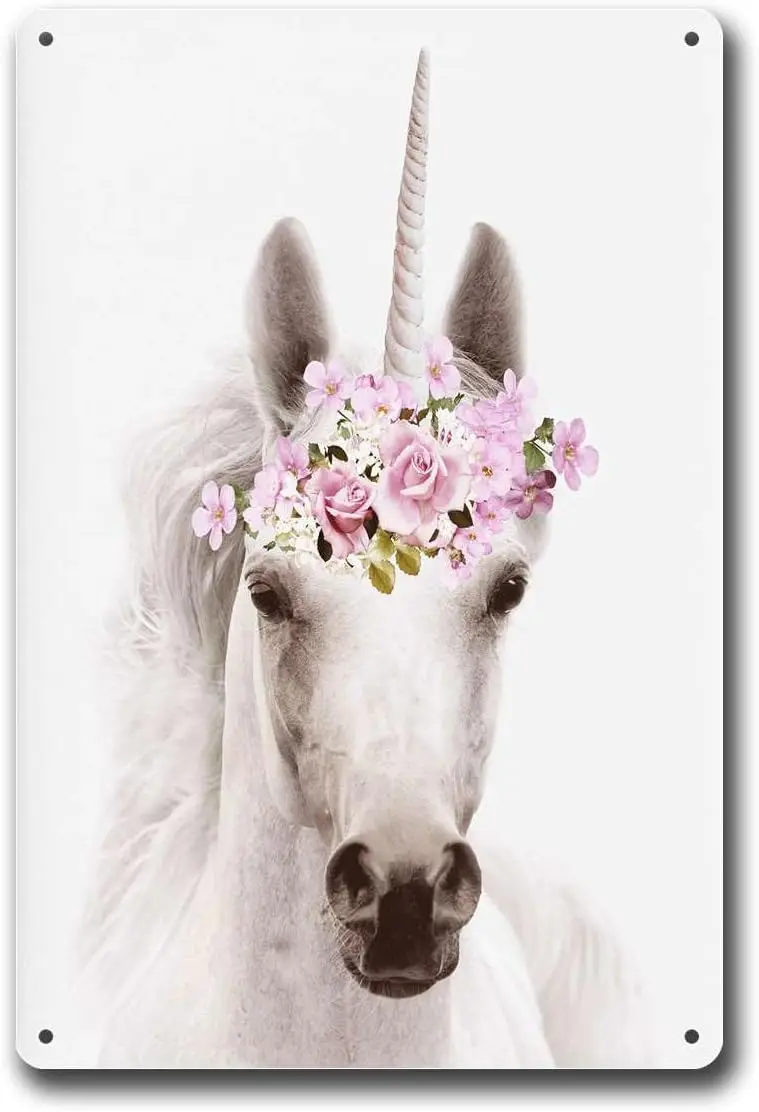 

Tin Signs Unicorn Kids Room Horse Unicorn Art Flower Animal With Flowers Bedroom and Bathroom Wall Decoration 8x12inch Tin Sign
