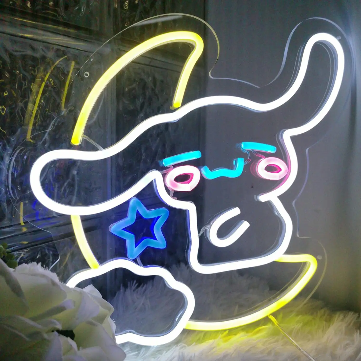 Cinnamoroll LED Light Sanrio Neon Sign Cinnamoroll Hug the Moon Neon Wall Light Cute Anime Room Decor for Cute Gift for Kids