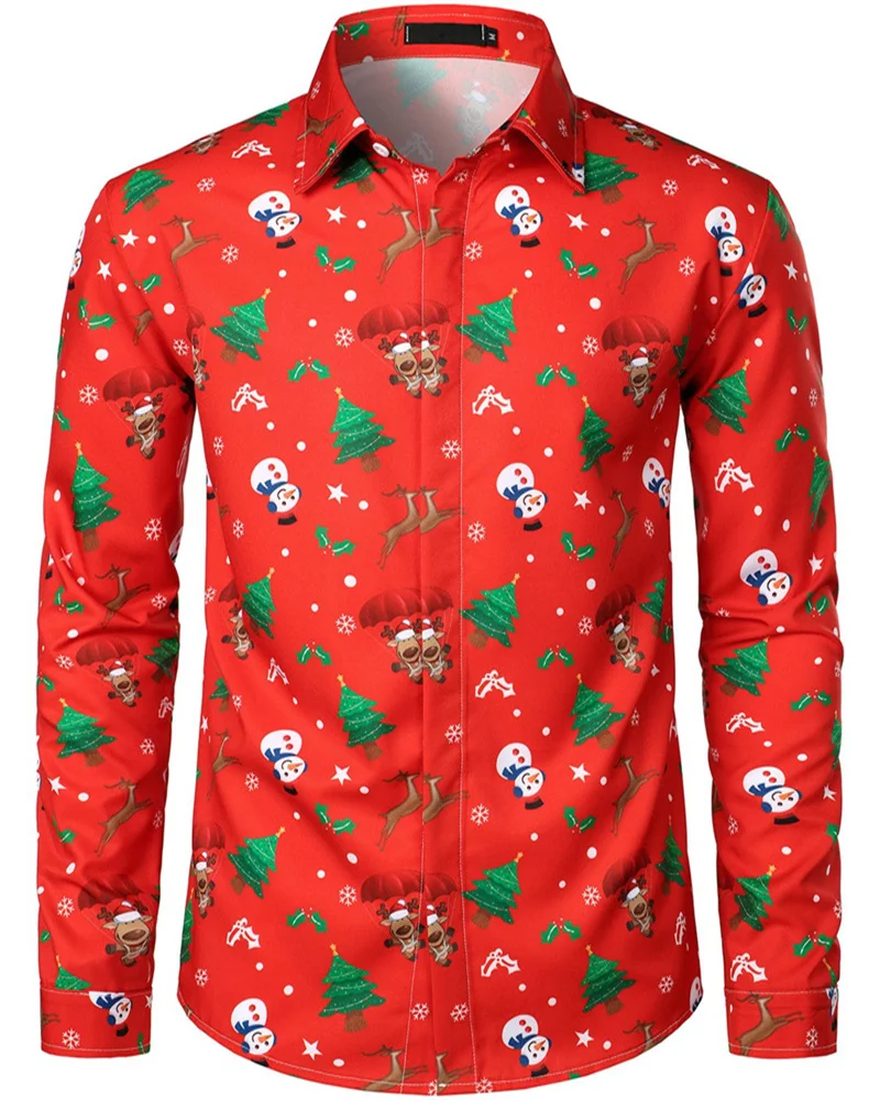 2023 Party Men\'s Christmas Shirt Pattern 3D Printing Men\'s Button Lapel Long Sleeve Snowflake Santa Claus Shirt High Quality 6XL