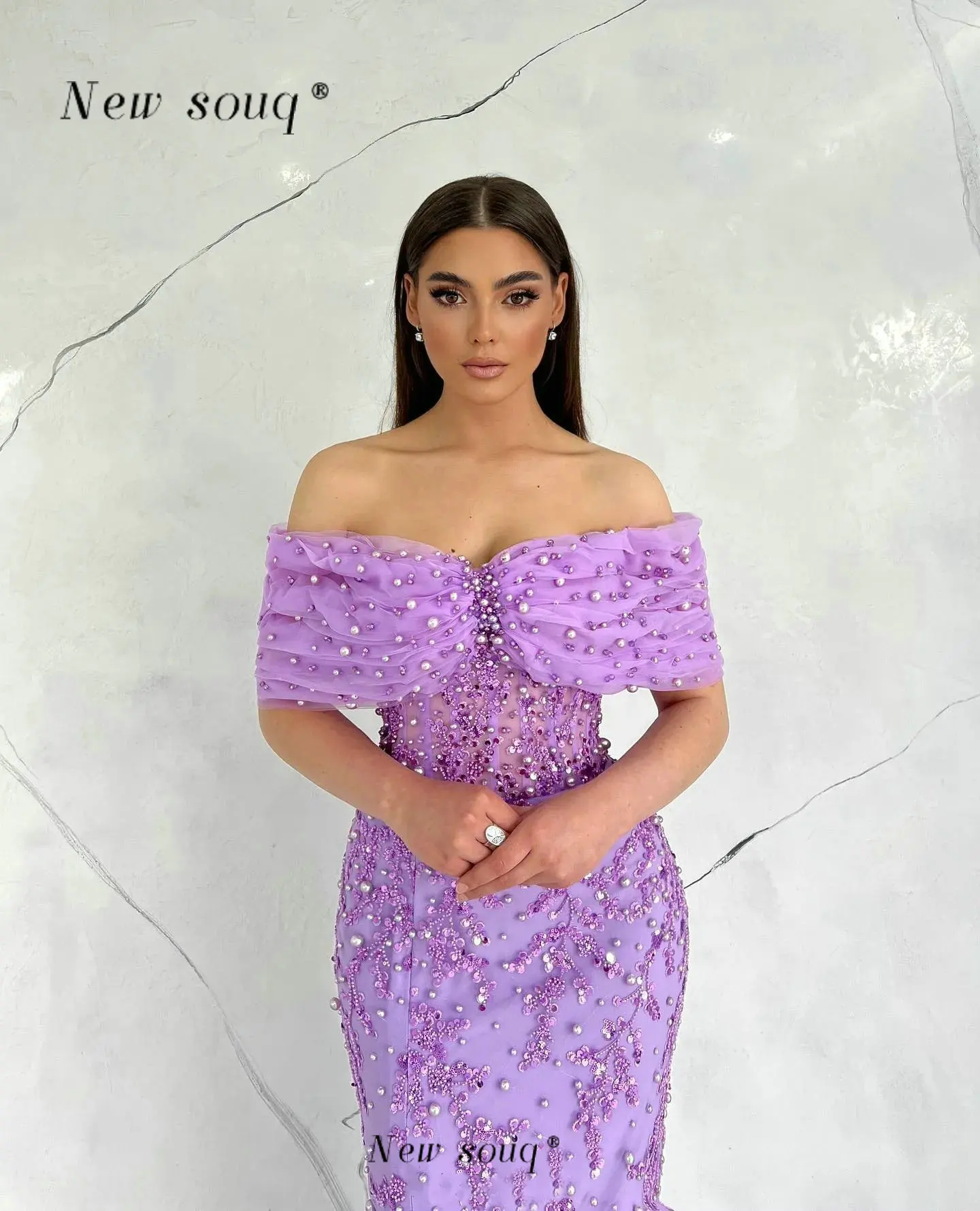 Elegant Lilac Off the Shoulder Long Corset Evening Dresses Formal Occasions Pearls Beaded Sequined Wedding Party Gowns for Women