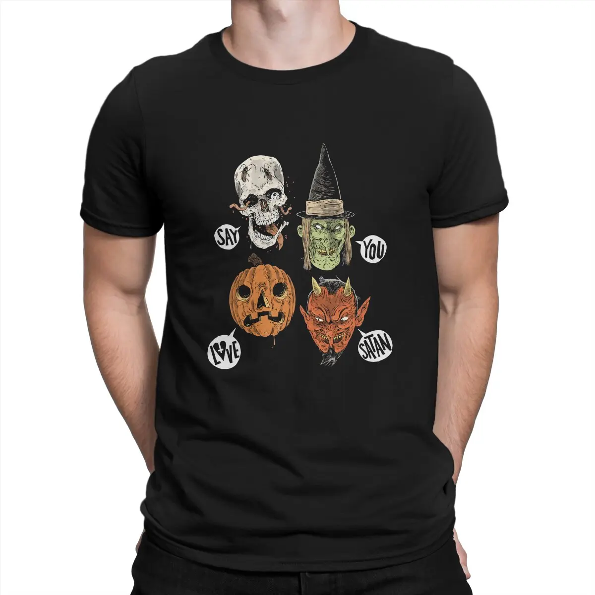 T-shirt de poliéster elegante para homens, roupas Creepshow, diga que ama, Satanás, novo design, grande venda