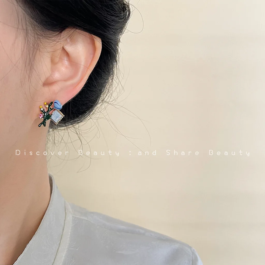 DIY accessories Oil painting enamel oil dripping flower earrings female Mori sweet temperament earrings retro high-end ear jewel