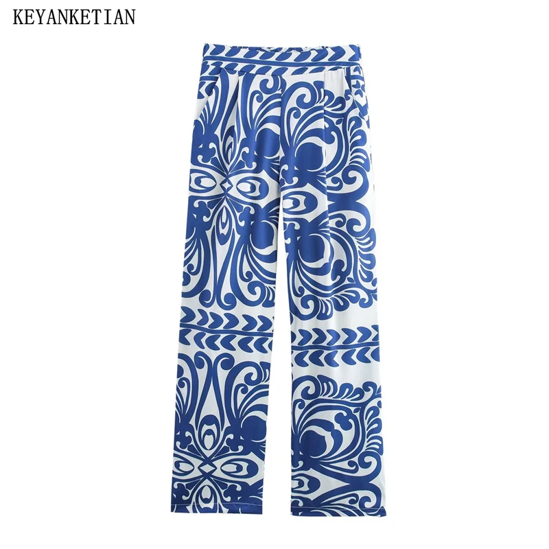 KEYANKETIAN 2026 ربيع جديد نمط العرقية الطوطم طباعة المرأة مستقيم الساق السراويل مرونة الخصر مطوي الديكور بنطلون طويل