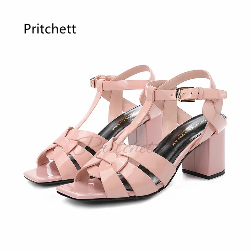 

Square Toe Peep Toe Women's Sandals Fashion Patent Leather Chunky High Heels Summer T-Strap Candy Colors Party Shoes Size 35-43