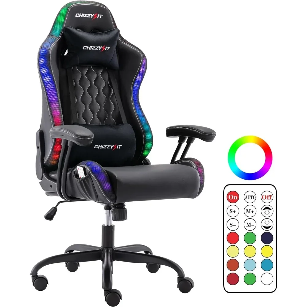 

Стул компьютерный chizzysit с RGB-подсветкой, Эргономичный игровой стул из ПВХ и кожи с регулируемым подголовником и поддержкой поясницы