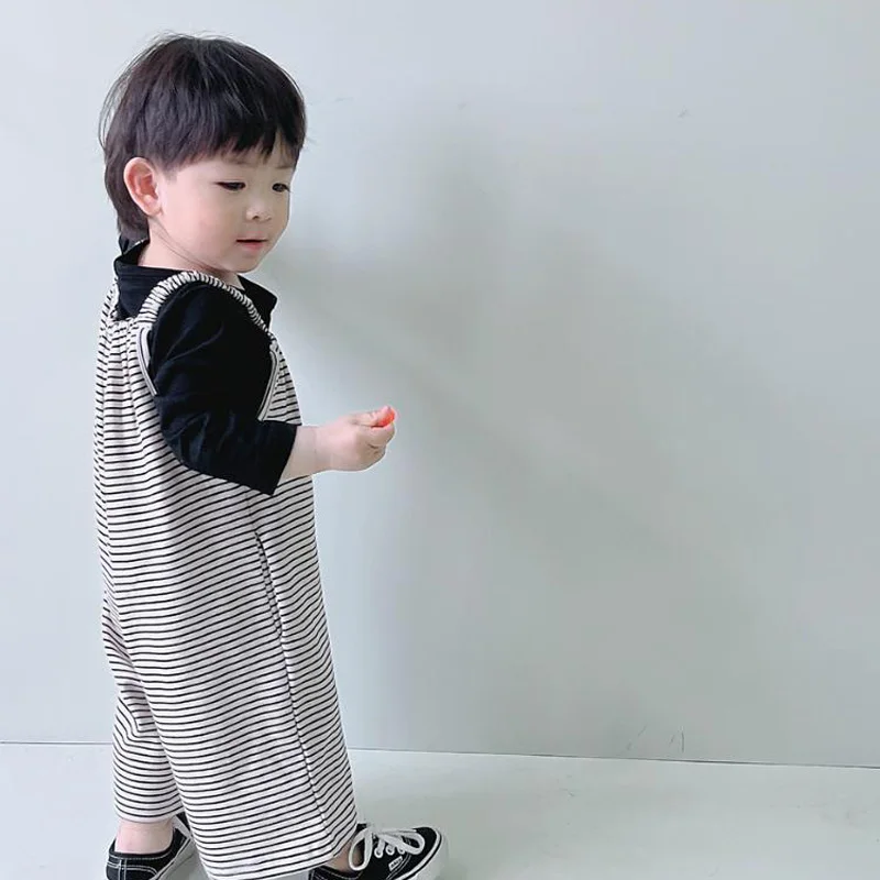 Children Black White Striped Print Overalls Boys Girls All-match Wide Leg Overalls Spring Autumn Foreign Flavor Outer Wear Pants
