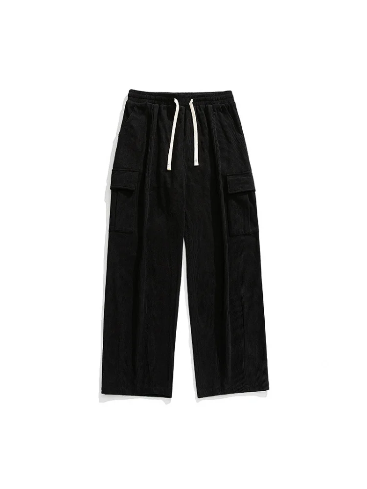 Men Corduroy Casual Trousers Spring Vintage Loose Cargo Pocket Cuffed Design Long Pants