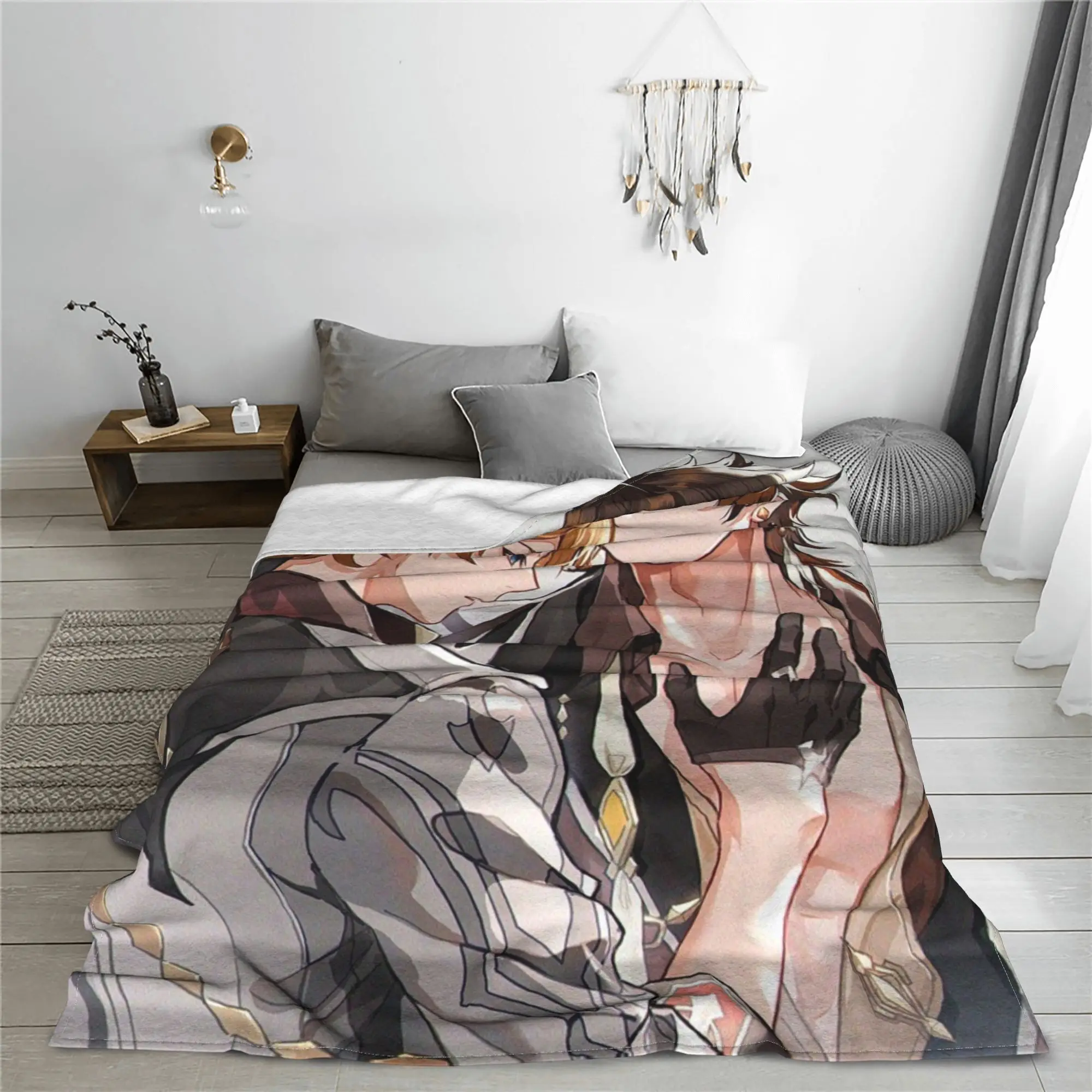 Zhongli Tartaglia Flannel Throw Blankets Genshin Impact Acg Anime Blankets for Sofa Office Super Soft Quilt
