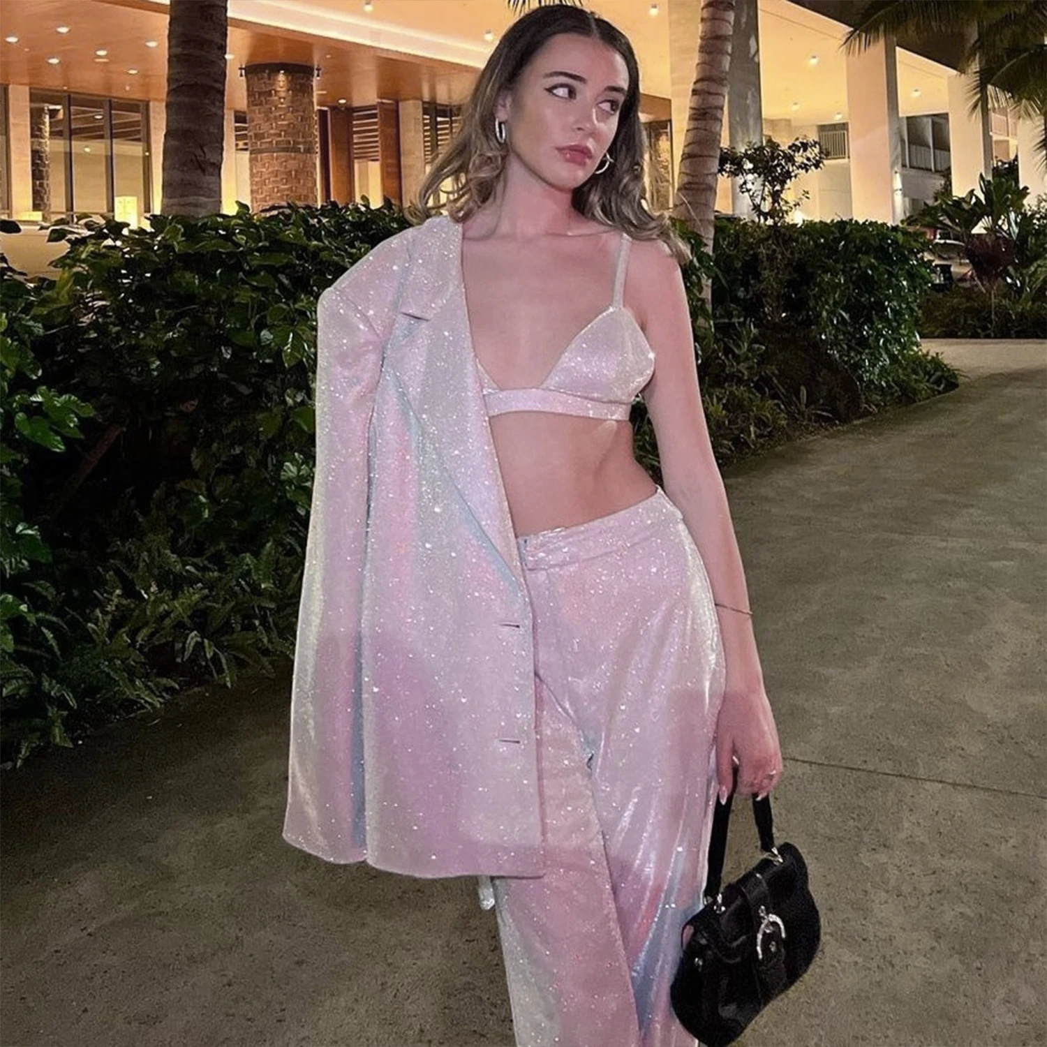 Silver Sequins Women's 3 Piece Set Suit Banquet Blazer Casual Daily Cocktail Party Outfits Elegant Pantsuit Set Customize