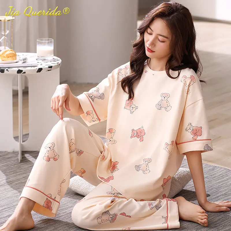 SUKAE High Quality 100% Cotton Woman Pajama Summer Short Sleeve Full Pants Sleepwear Casual Young Lady Pijama Elegant Mujer Para