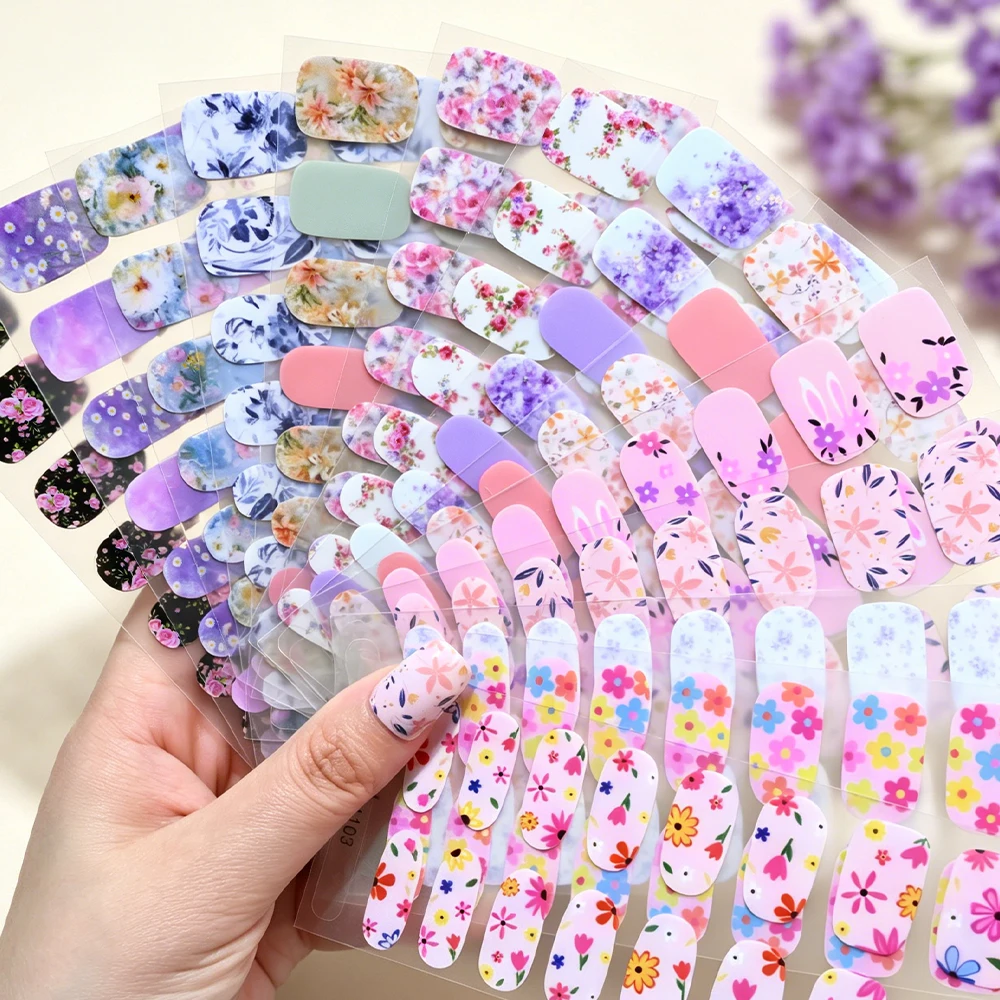 16Tips Spring Colorful Flower Nail Polish Sticker Rose Daisy Peony Lavender Self-Adhesive Nails Wraps Full Cover Manicure Decals