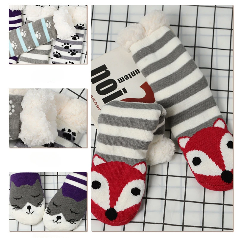 Fuzzy thermal Socks Women Winter Funny Cat Dog Cute Kawaii Non Slip Cartoon Sleeping Soft Comfy Female Floor Slippers Sock