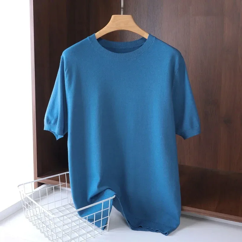 Superfijne merinowol T-shirt heren gebreid O-hals ademend dun kasjmier korte mouw T-shirt effen kleur tops