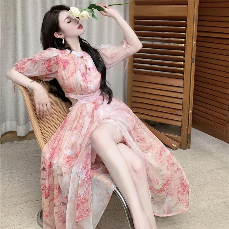 Beach Vaion Ele Beautiful ter Ne ort Sve Chiffon Dr Damen Hohe Taille Fade Farbe Blumendruck Maxi Dr