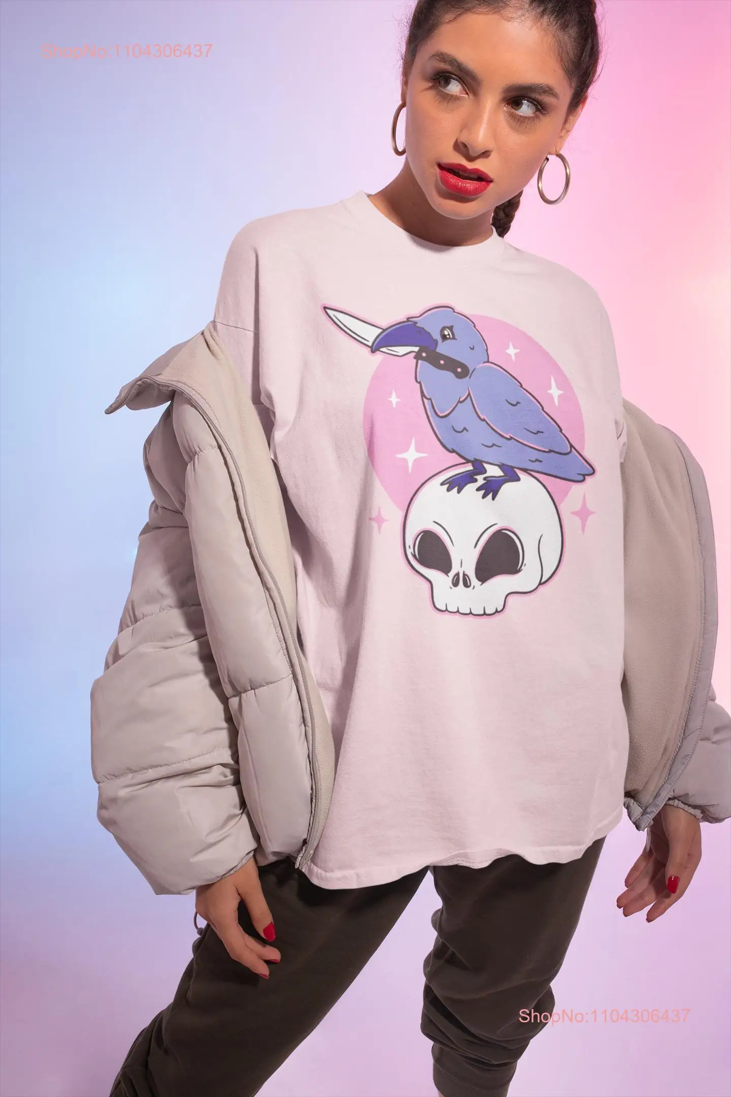 Stabby Crow T Shirt Soft Grunge Kawaii Goth Raven with Knife Creepy Cute Pastel Clothing Murder of Crows