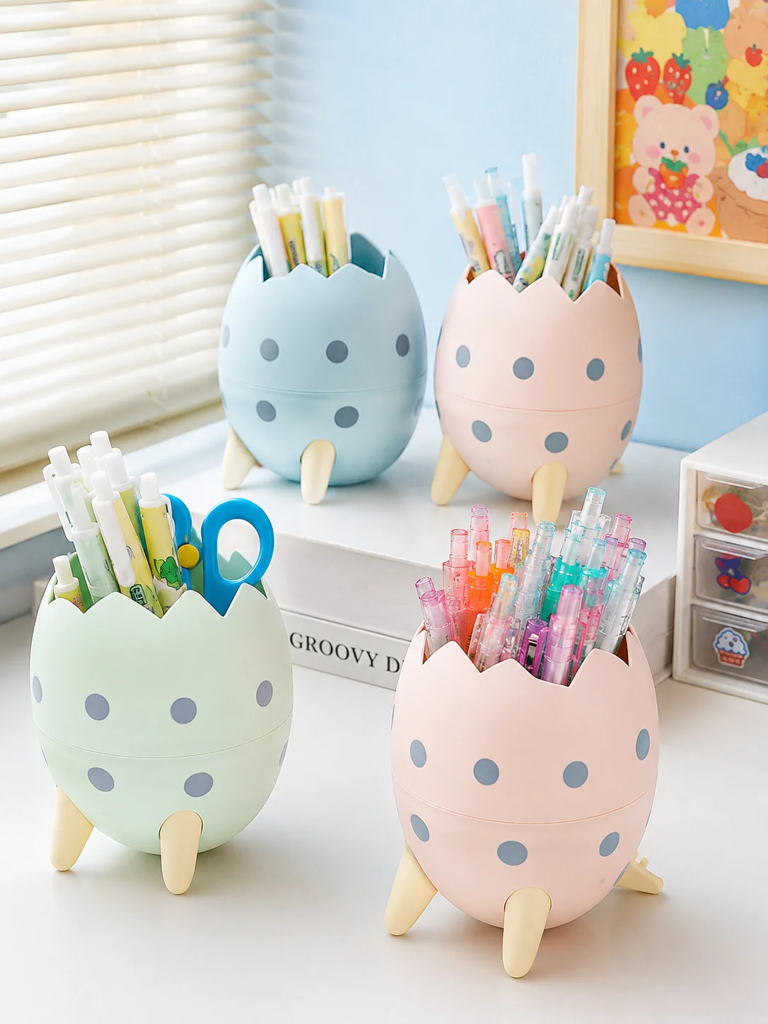 Cute Dinosaur Egg Pen Holder Desktop Organizer Cartoon Pencil Cup Stationery Storage Box for Kids Students Office School