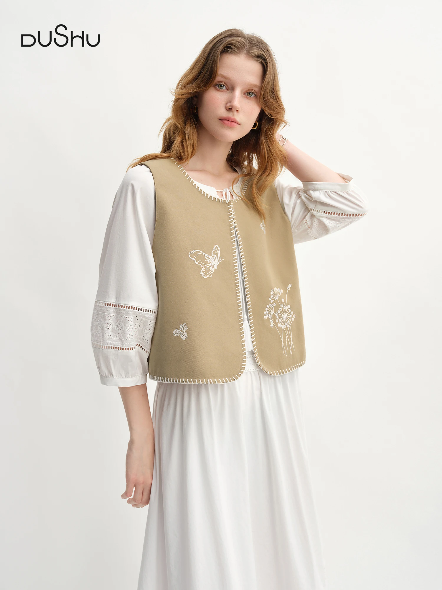 

​DUSHU Autumn 2025 Floral Embroidered Vest - Chic Sleeveless Layering Piece Office Ready Women Casual Top​