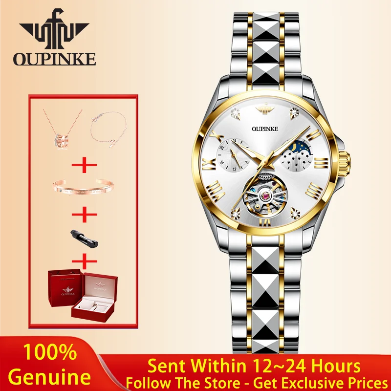 OUPINKE Women Watch Luxury Brand Fully Automatic Mechanical Watch Elegant Hollow Moon Phase Watch Bracelet Dress Gift Box 3202