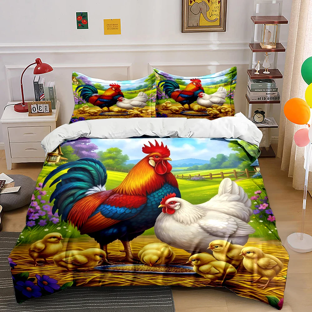 Bettwäsche-Set mit Aufdruck „Farm Hahn, Henne und Küken“, weich und bequem, inklusive 1 x Bettbezug, 2 x Kissenbezüge, Luxus-Geschenke