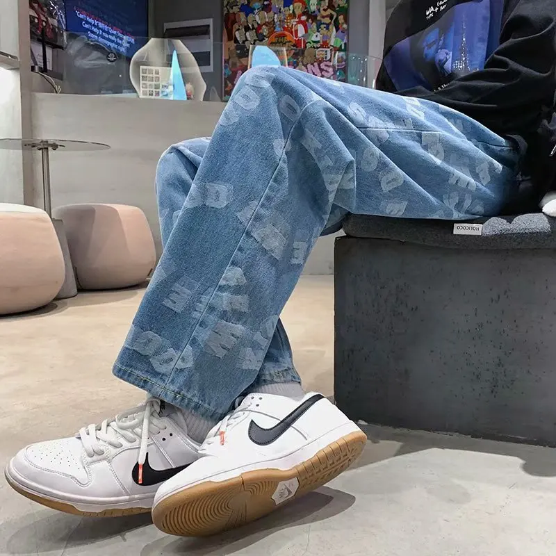 Men's Hip Hop Jeans High Street Trendy Versatile Ins Summer Thin Printed Wide Leg Man Pant Loose Baggy Male Trousers P13