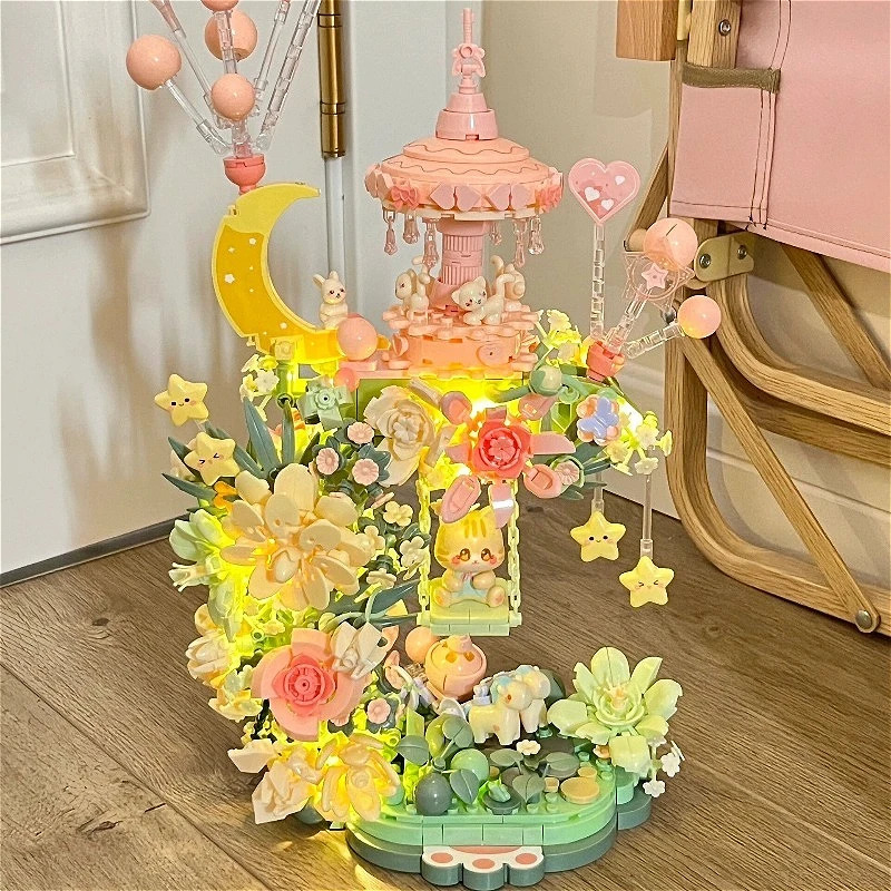 SEMBO-bloques de construcción de ensamblaje de flores fantásticas, modelos de arquitectura, decoraciones de escritorio para el hogar, adornos, regalos para niñas, juguetes