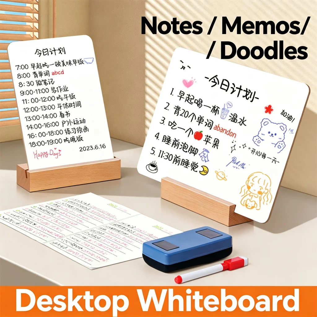 Double Sided Dry Erase Whiteboard with Eraser, Wooden Base Desktop Memo Board, Price Tag Display Sign for Bar Cafe Shop Office