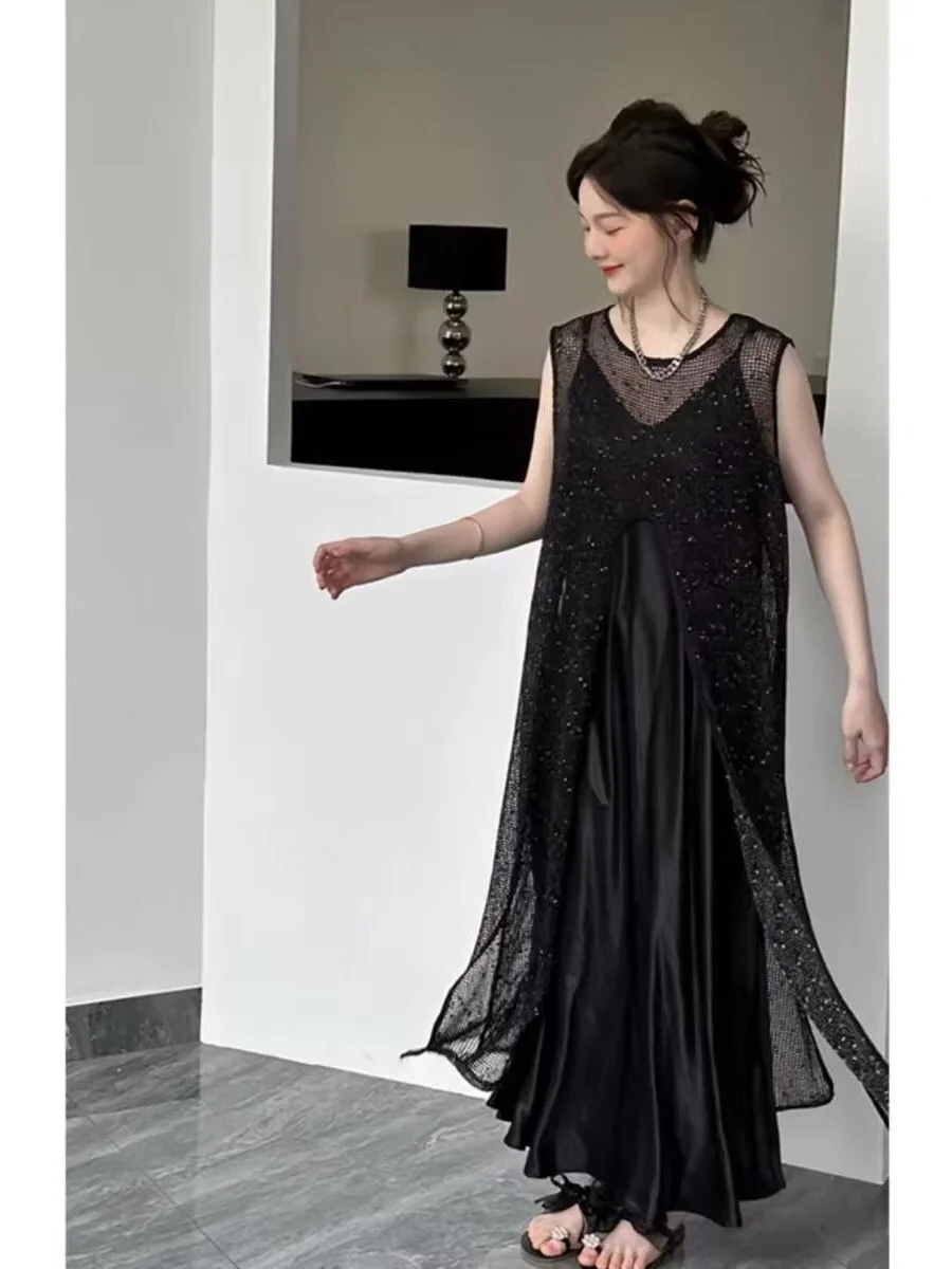 

plus Size Two-Piece Set Hollow out Strap Long Dr Women Summer Casual Korean Sle Straight Cut Me Skirt And Top Ensemble