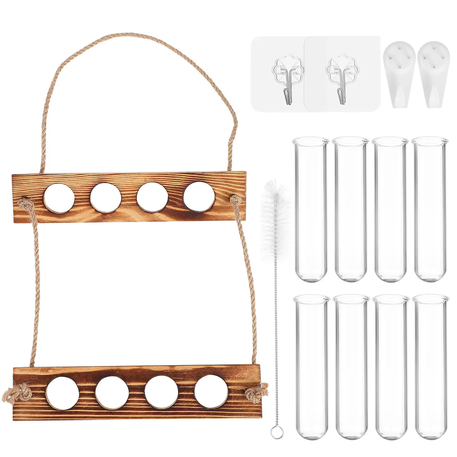 Hydroponic Propagation Station with Glass Test Tubes, Wooden Rack & Cleaning Brush for Home Office Plant Display