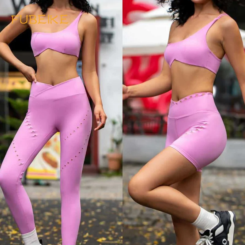 

FUBEIKE Sports One Shoulder Sexy Strap Backless Bra For Woman Running Fitness High Waist Hollow Yoga Pants Leggings Workout
