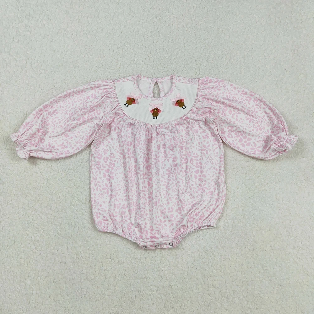 8.19 Wholesale Girl Toddler Thanksgiving Children Embroidery turkey Bows Romper Kids Newborn Coverall Floral Smocked Bodysuit