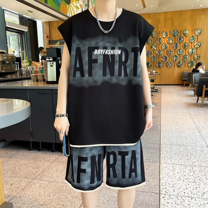 

Sports Basic Letter Printed Men's Sets Two Piece Set Young Style Sleeveless Summer Korean Loose O-Neck Casual Knee Pants Sets