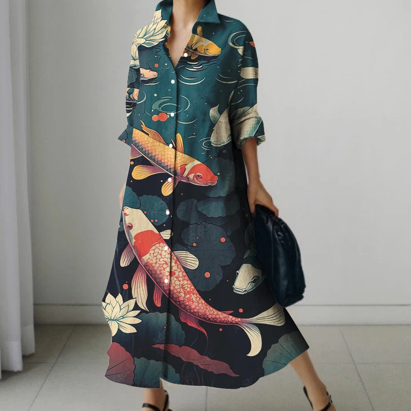 Women's Retro Style Dress With V-neck Long Sleeved Fish Shaped Print And Large Hem European And American Foreign Trade Dress