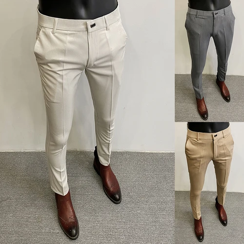 Imagen 2 del producto Pantalones de traje para Hombre, Pantalone de vestir para Hombre, pantalones formales ajustados elásticos, Calça Masculina, pantalones casuales de Color sólido, ropa de moda para Hombre