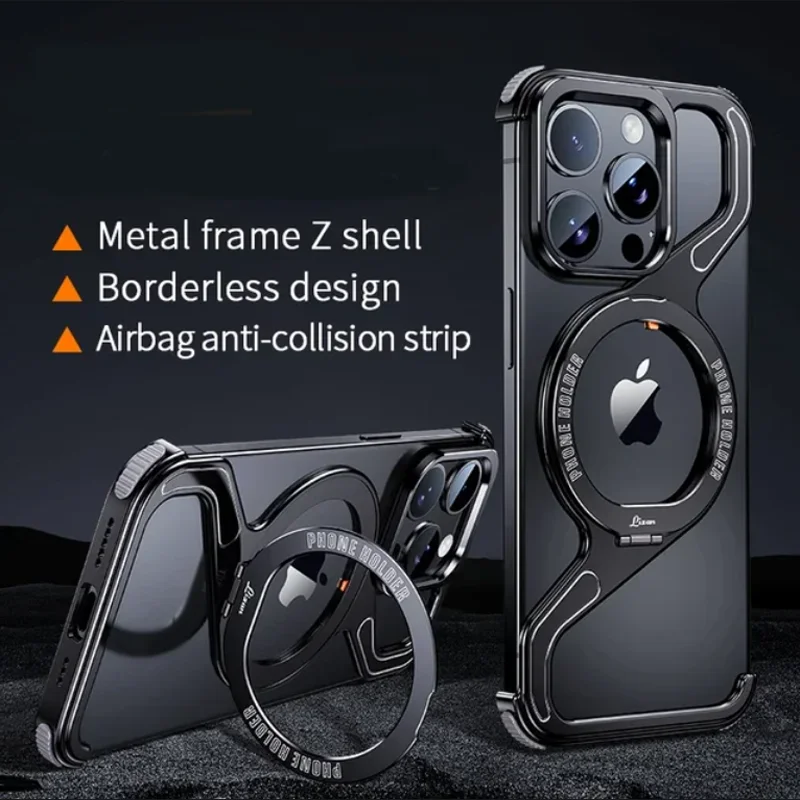 

Металлический чехол-подставка для телефона из алюминиевого сплава Z-образной формы для iPhone 16, 13, 14, 15 Pro Max, магнитный корпус MagSafe, безрамный чехол без оправы