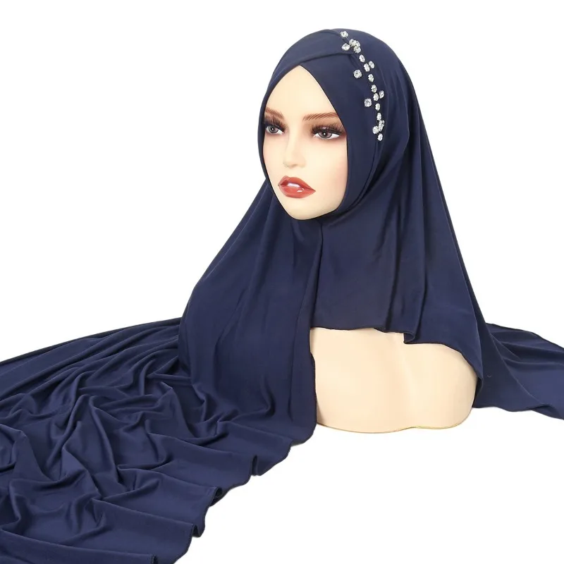 

Navy Blue Instant Hijabs for Women Solid Soft Muslim Turban Headscarf with Diamonds Islamic Ladies Headband Shawl