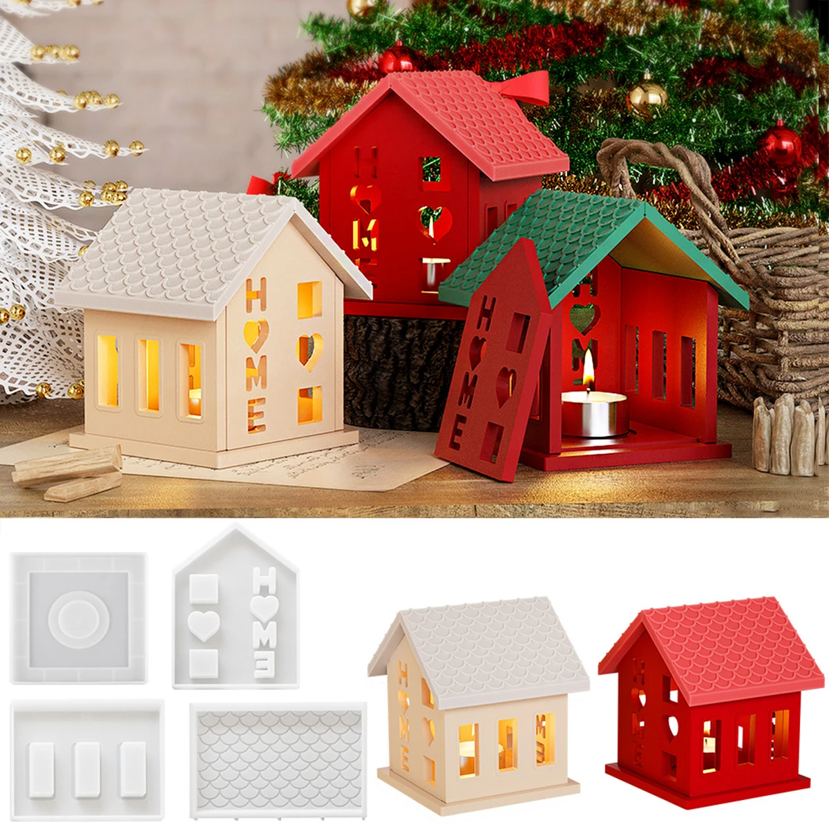 DIY House Candlestick Silicone Mold 3D HOME Houses with Hollow Windows Tea Light Candle Holder Kits Craft Gypsum Mold Home Decor