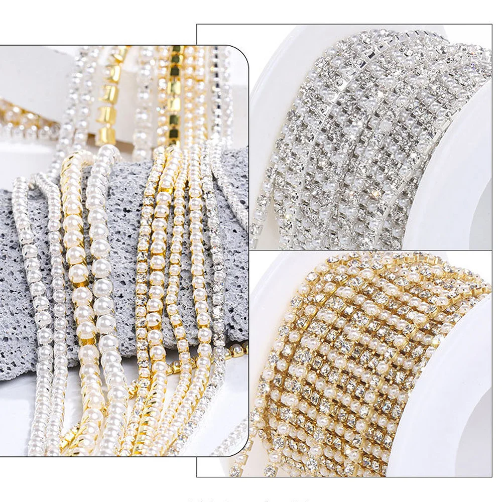 SS6-SS12 Claw Cup Pearls Chain Gold Silver Base Shiny Crystals Stones Sew On Rhinestones Pearls Chain Garment Decoration Chain