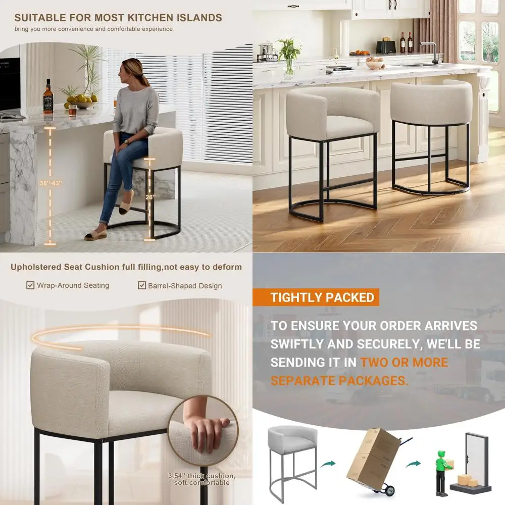 

Набор из 3 барных стульев высотой 26 дюймов, современные стулья-бочонки с спинкой и подлокотниками, обивка из льняной ткани