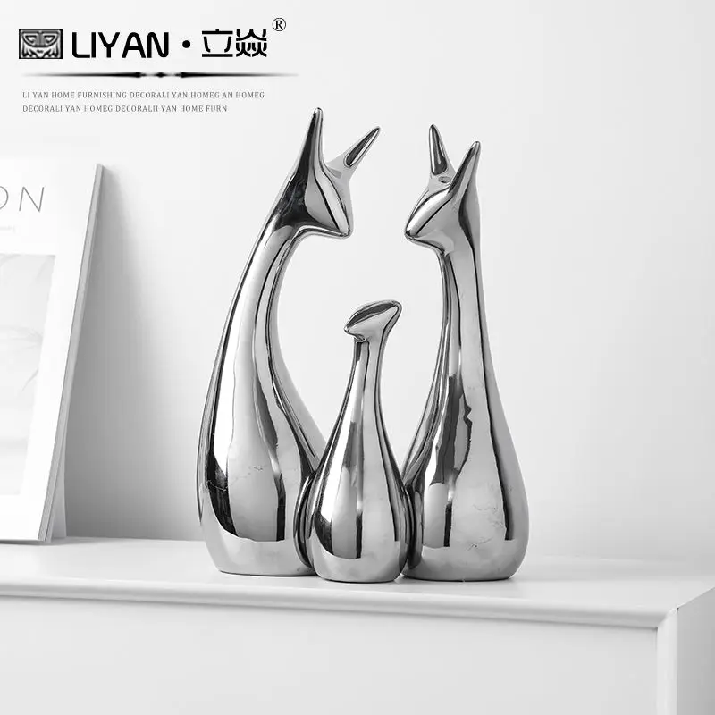 Ins Silver Elephant Couple Deer Family Swan Lovers Decoration Desktop Figurines Home for Living Room Decor Ornament Statues