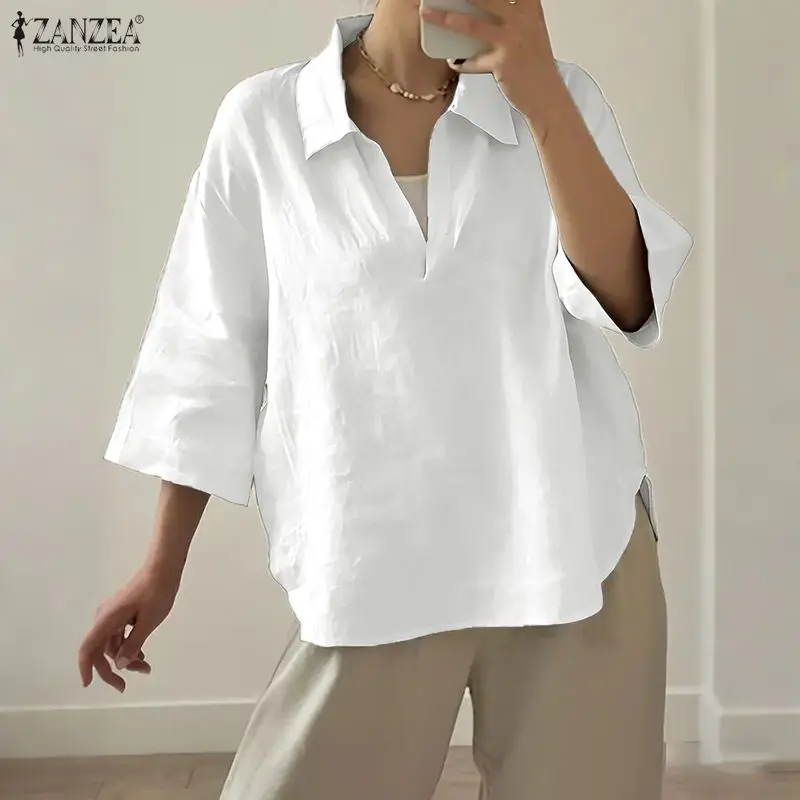 

2026 ZANZEA Women Tops and Blouse Fashion 3/4 Sleeve Solid Elegant Office Lady Shirts Lapel Casual Streetwear Blusas Female
