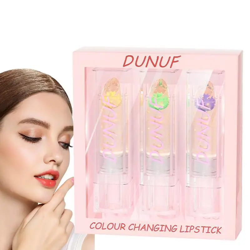 Flower Jelly Lipstick Moisturizing Long-Lasting Clear Color Changing Lipstick 3PCS PH Lipstick Color Changing Lip Moisturizer