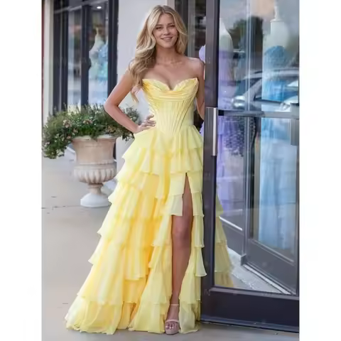Charming A-Line Prom Dress Sweetheart Illusion Side Slit Tiered Party Gowns Floor-Length Evening Dresses Customized